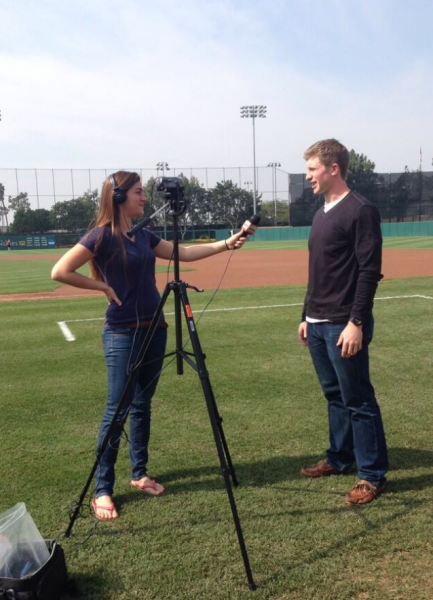 Kevin Swick being interviewed after Pac-12 Player of the Week Honors(USC Trojan Baseball/Twitter)