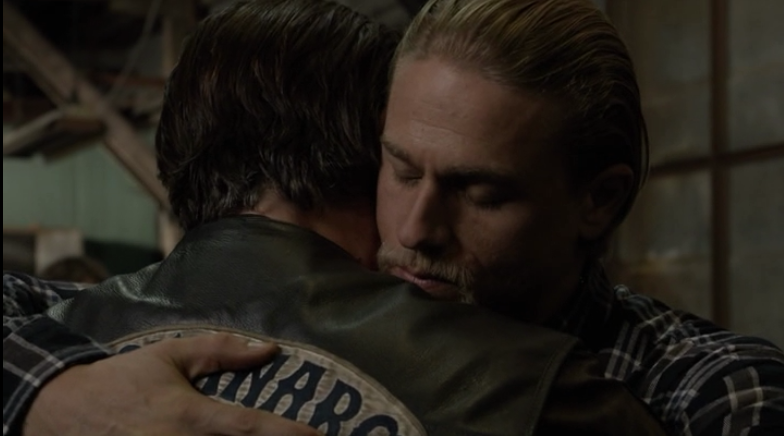 Jax says and emotional goodbye to SAMCRO's new president, Chibs (Tommy Flanagan) (FX). 