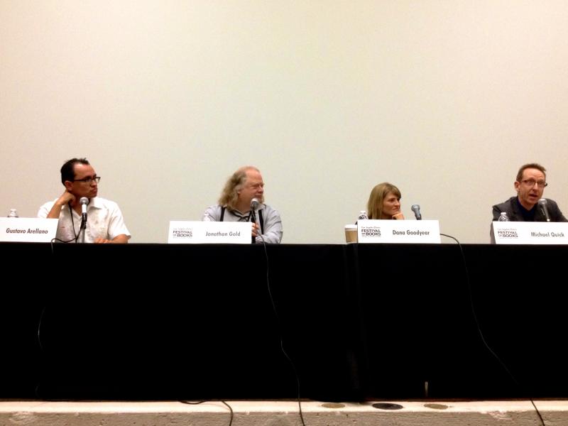 Panelists (left to right) Gustavo Arellano, Jonathan Gold and Dana Goodyear with moderator Michael Quick (Helen Carefoot/Neon Tommy).