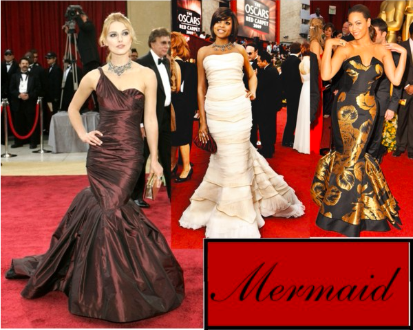 Keira Knightley (Tumblr/alice-fernandez), Taraji P. Henson (Tumblr/inquisitiveg), and Beyoncé (Tumblr/thequeenebey) in mermaid cut gowns.