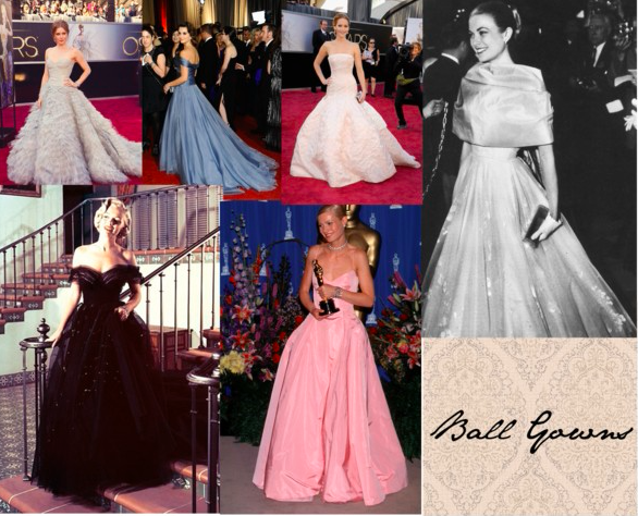 Amy Adams (Tumblr/notagingeryet), Penelope Cruz (Tumblr/itsawardsseasonbitch), Jennifer Lawrence (Tumblr/illustratedjade), Grace Kelly (Tumblr/inquisitiveg), Gwyneth Paltrow (Tumblr/alice-fernandez), and Marilyn Monroe (Tumblr/theniftyfifties) sporting ball gowns.