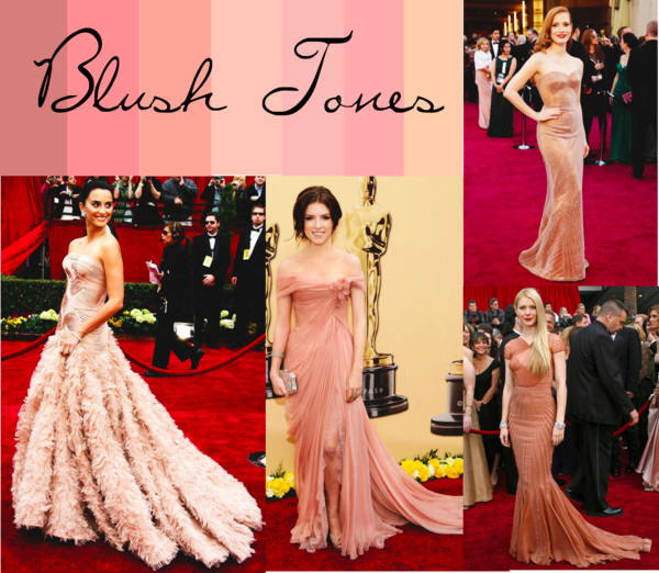 Jessica Chastain, Gwyneth Paltrow, Anna Kendrick, and Penelope Cruz wearing gowns in blush tones (Tumblr/inquisitiveg).