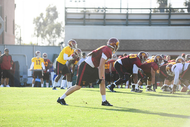 Coach Sarkisian has had the team perfect formations and work on fundamentals throughout practice, and it's been paying off. (Neon Tommy/Charlie Magovern)