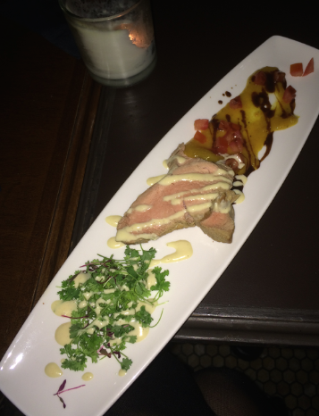 Slow cooked pork mignon, tangerine and habanero jam, micro salad with Dijon dressing. (Margaux Farrell/Neon Tommy)