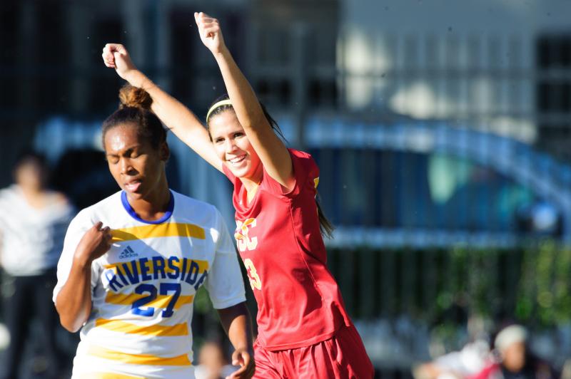 Forward Katie Johnson celebrates on of the eight Trojan goals. (Charles Magovern/Neon Tommy)  