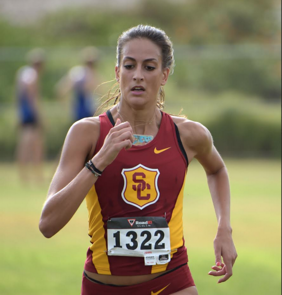 Katerina Berdousi races down the backstretch at the UC Irvine Invitational. (Photo by Kirby Lee)