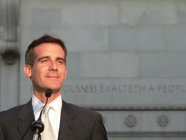 L.A. Mayor Eric Garcetti hopes to raise minimum wage in the county to $13.25 per hour through 2017. (Flickr)