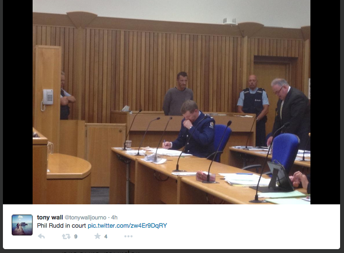 Phil Rudd appears in court today amidst charges of possession and intent to murder. (Tony Wall/Twitter) Phil Rudd appears in court today amidst charges of possession and intent to murder. (Tony Wall/Twitter)