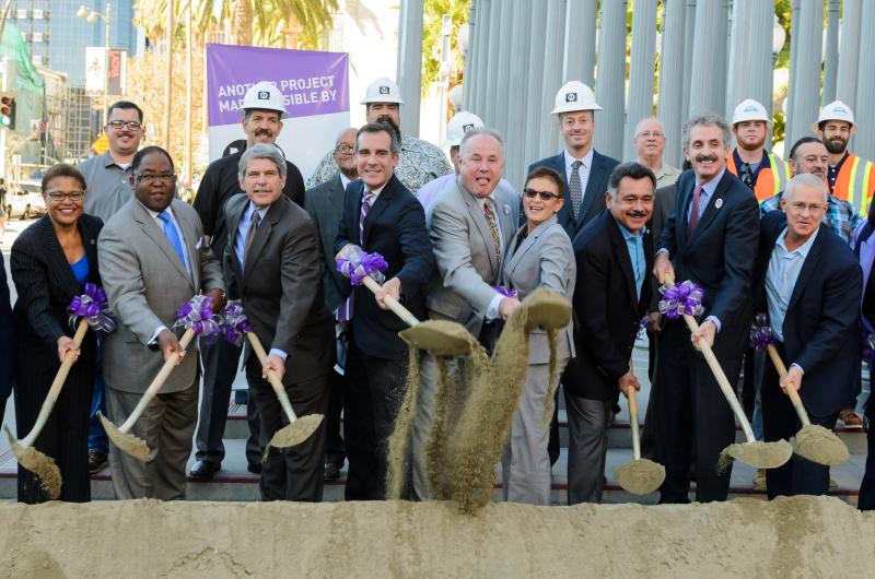 L.A. Mayor Garcetti and Metro officials break ground on the new Purple Line extension. (Benjamin Dunn/Neon Tommy)