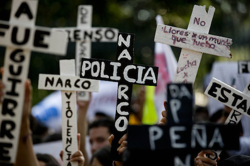 Protestors in Ayotzinapa, where the 43 missing students attended college. (RoarMag)