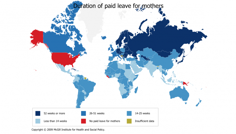 Paid maternity leave by country. The U.S. is one of the only countries not to offer it on a national level. (McGill Institute for Health and Social Policy)