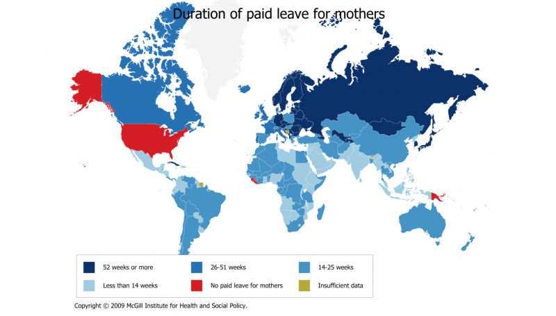 Paid maternity leave by country. The U.S. is one of the only countries not to offer it on a national level. (McGill Institute for Hetitleh and Social Policy) Paid maternity leave by country. The U.S. is one of the only countries not to offer it on a national level. (McGill Institute for Health and Social Policy)