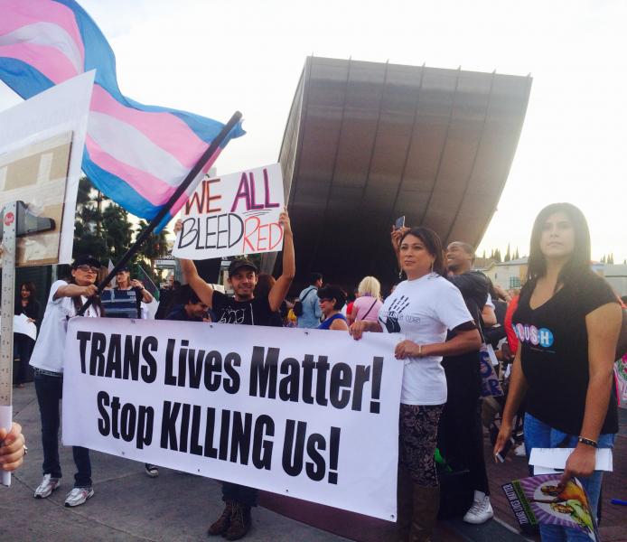 Protesters rallied outside the Vermont/Santa Monica metro station in East Hollywood to bring awareness to  violence against the transgender community. (Matt Lemas/Neon Tommy) 