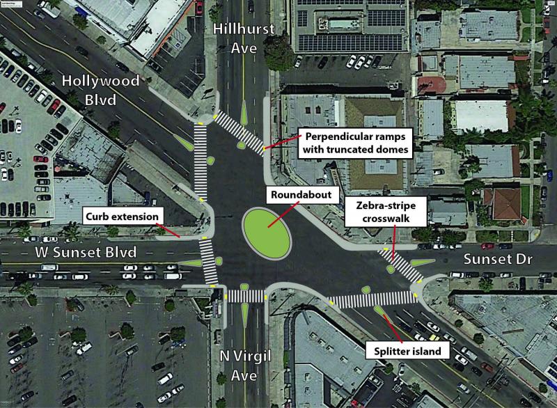 Transportation consultant Ryan Snyder's mock up for the intersection's improvement include a roundabout in place of stop lights, as well as curb extensions. (Photo courtesy of Ryan Snyder) Transportation consultant Ryan Snyder's mock up for the intersection's improvement include a roundabout in place of stop lights, as well as curb extensions. (Photo courtesy of Ryan Snyder)