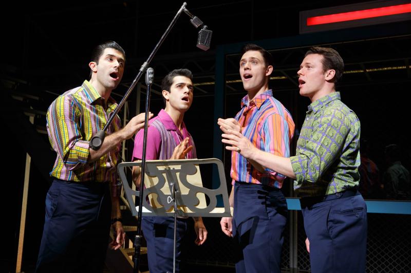 Adam Zelasko, Hayden Milanes, Jason Kappus and Nicolas Dromard perform "Big Girls Don't Cry." Photo by Joan Marcus. Adam Zelasko, Hayden Milanes, Jason Kappus and Nicolas Dromard perform "Big Girls Don't Cry." Photo by Joan Marcus.