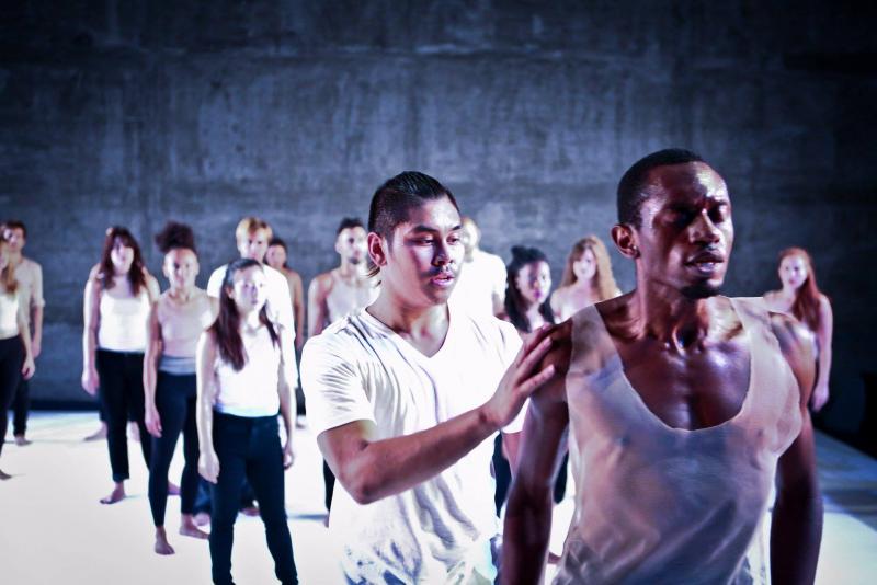 Ryan Ruiz (left) and Ray Ejiofor (right) with the L.A. Contemporary Dance Company ensemble of "Into the Fray" (Photo by Taso Papadakis)
