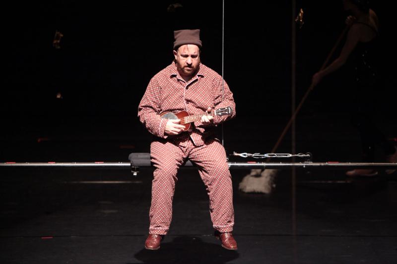 Stephin Merritt strums his ukulele and sings in "Performance" (Photo courtesy of REDCAT)