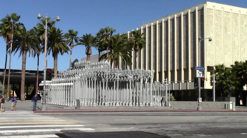 Chris Burden's "Urban Light" featured in front of LACMA on Museum Row of Miracle Mile in Los Angeles.
