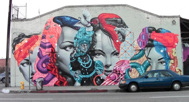 A Tristan Eaton mural, "Peace by Piece," enhances a wall at The Container Yard in the L.A. Arts District.