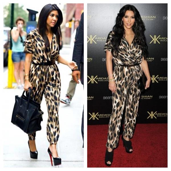 Both Kourtney and Kim Kardashian wear the same leopard-print jumpsuit (@Lenachka21, @BaileySchwartz/Pinterest).