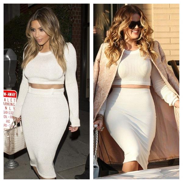 Kim and Khloé flaunt their midriffs in this white skirt-and-top combo (@JaimiJones, @AlessandreaFiorentini/Pinterest).