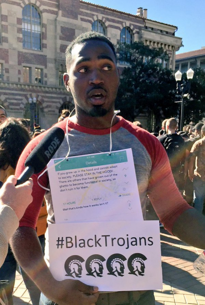 USC student Tyrone Young shared his experiences at at the rally. (Paolo Uggetti/Annenberg Media) USC student Tyrone Young shared his experiences at at the rally. (Paolo Uggetti/Annenberg Media)
