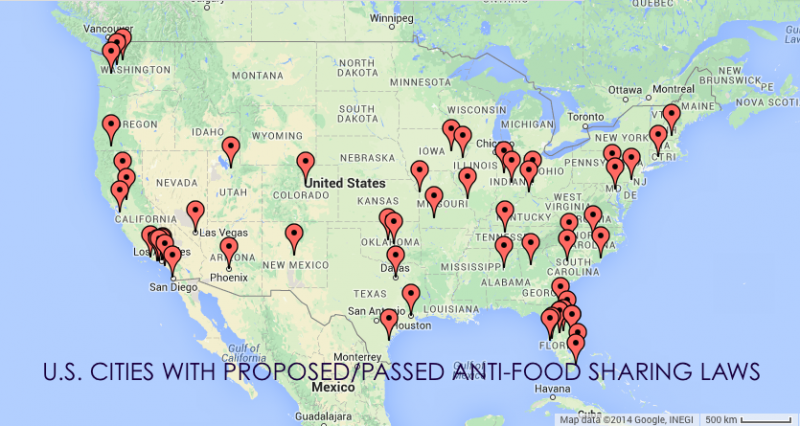 Many U.S. cities are at least considering using legislation to keep people from feeding the homeless. Data from the National Coalition for the Homeless. (Sara Tiano/Neon Tommy)