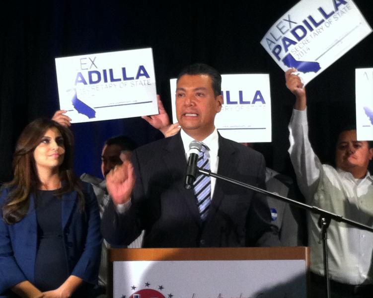 Alex Padilla speaking on election night in downtown Los Angeles. (Sara Tiano/Neon Tommy)