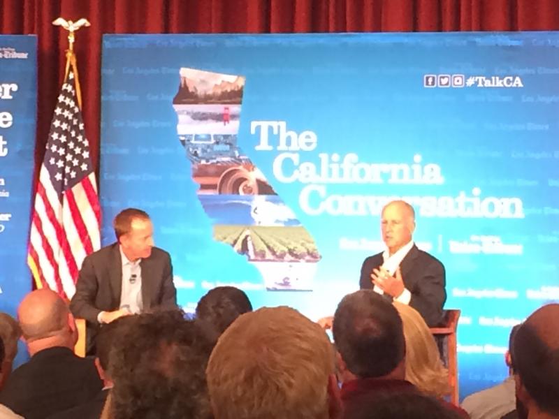 California Gov. Jerry Brown and LA Times Publisher Austin Beutner talked "Water in the West" at USC Tuesday. (Sara Tiano/Neon Tommy)
