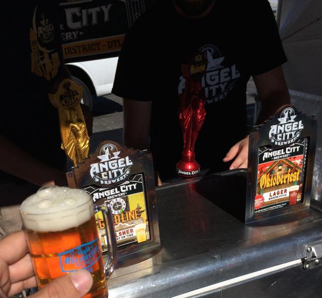 The first mini-beer of many. Angel City's delicious pilsner. (Sara Tiano/Neon Tommy) The first mini-beer of many. Angel City's delicious pilsner. (Sara Tiano/Neon Tommy)