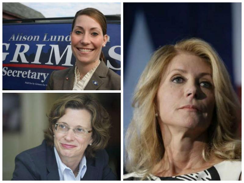 Democrats Wendy Davis, Michelle Nunn, and Alison Lundergan Grimes are looking to make red the new blue in Southern states. (@sharonscarlett4, @11alivenews, @politico/Twitter)