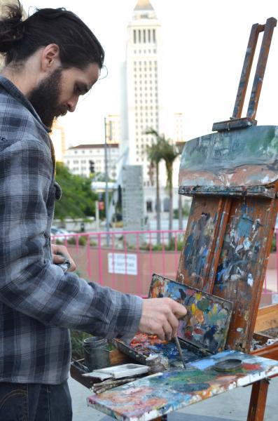 Steven Thomas Higgins on-site at the Civic Center. (Alyssa Wall/Neon Tommy)