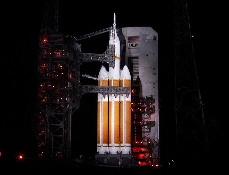 A Delta IV Heavy rocket fueled and ready to go at Cape Canaveral Air Force Station in Florida. The rocket will propel the Orion spacecraft. (Credit/NASA)