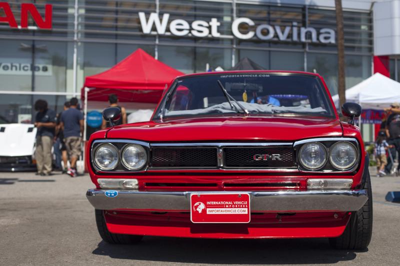 A Skyline GT-R sits in front of the Nissan West Covina showroom. (Amou "Joe" Seto/Neon Tommy)