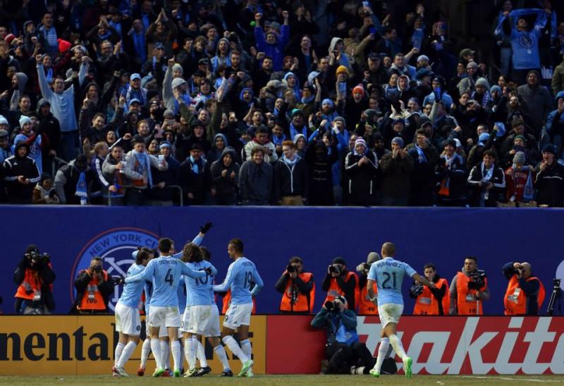 New York City FC players celebrate the first home goal in franchise history. (MLS/Facebook)