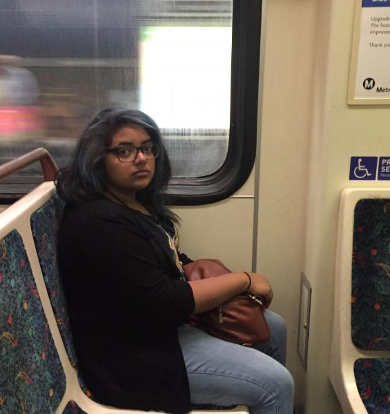 Amy Black riding the Red Line Metro to UCLA. (Rasha Ali / Neon Tommy) Amy Black riding the Red Line Metro to UCLA. (Rasha Ali / Neon Tommy)
