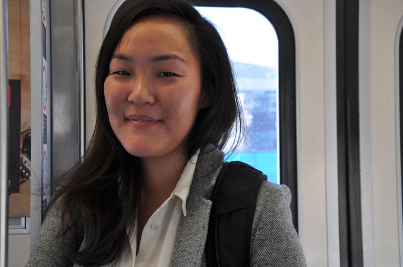 Expo line rider, Angela Cho, rides from work to USC for class. (Ariba Alvi/Annenberg Media)