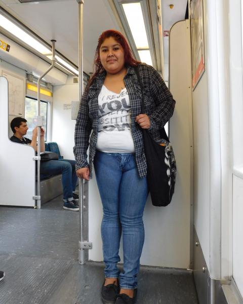 Jacqueline Islas on the Metro Expo Line (Maria Cavassuto / Annenberg Media)