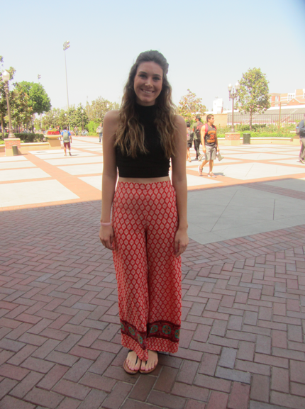 Alexa Liacko, USC graduate student, wears high neck crop top with flowy pants. (Morgan Evans / Neon Tommy) Alexa Liacko, USC graduate student, wears high neck crop top with flowy pants. (Morgan Evans / Neon Tommy)