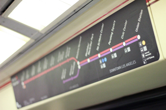 The LA Metro Red and Purple Lines are displayed inside a rail car on September 2, 2015. (Stephanie Haney / Annenberg Media)