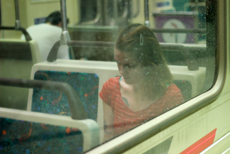 Artie Terra waits to take her ride aboard the LA Metro Purple Line on September 2, 2015. (Stephanie Haney / Annenberg Media)