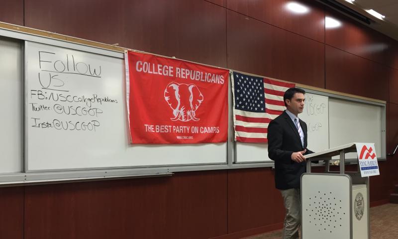 Radio personality Ben Shapiro addressed the USC College Republicans on Nov. 18, 2015 on the topic of anti-Israel bias in the U.S. (Stephanie Haney/Annenberg Media)