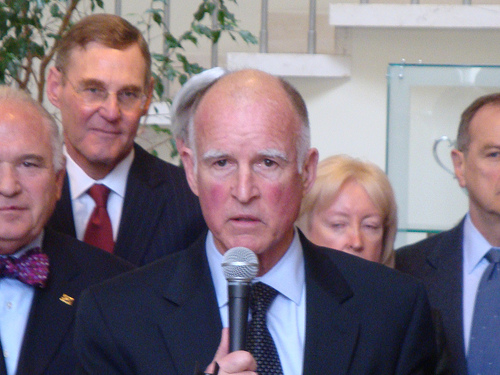 Gov. Jerry Brown standing in front of L.A. business leaders earlier this year. Gov. Jerry Brown standing in front of L.A. business leaders earlier this year.