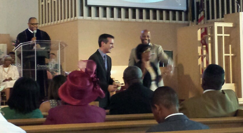 Crenshaw United Sr. Pastor Derrick-Lewis Noble thanks Eric Garcetti, councilwoman Jan Perry and Assemblyman Isadore Hall for visiting.