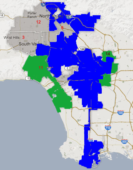 L.A. city council districts in blue denote a district represented by a member who has endorsed Garcetti. Green districts represented by Greuel endorser.