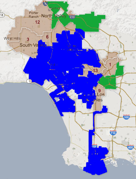 Starting July 1, L.A. city council districts in blue denote a district represented by a member who endorsed Garcetti. Green districts represented by Greuel endorser.