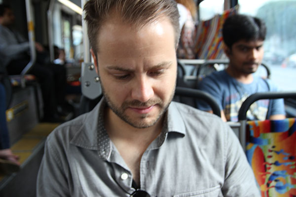 Severin Nesselhauf, 29, uses the Google Maps app to receive live bus times and routes. (Ivana Nguyen/ Neon Tommy)
