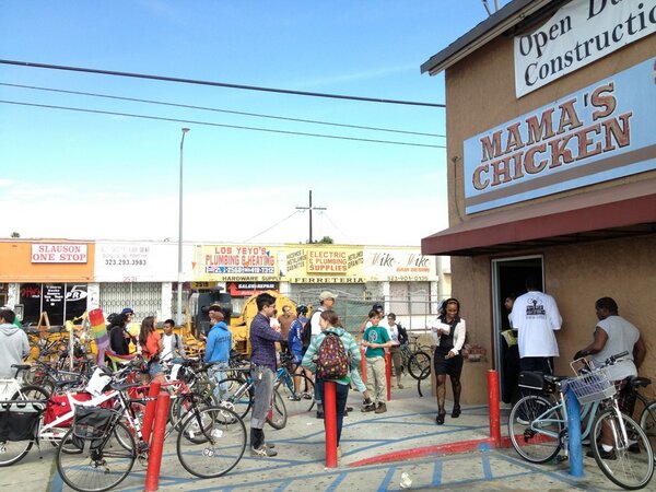 A line forms at Mama's Chicken, one of the restaurants that began stocking fruits and vegetables and was put on the map. (RideSouthLA Twitter)