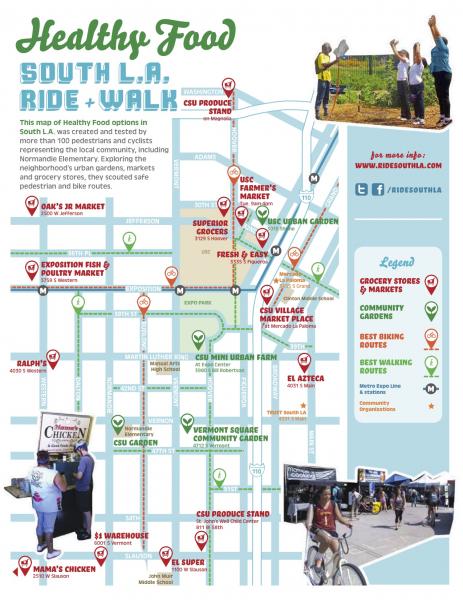 The healthy food map combines safe biking routes with food resources. 