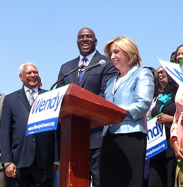 Wendy Greuel received an endorsement from Magic Johnson on Tuesday. (Photo by Neon Tommy)